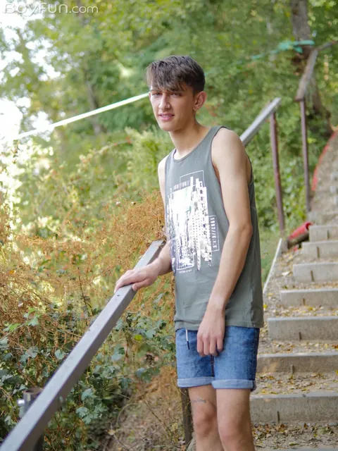 Slim Twink Strips Nude Outdoors and Displays Uncut Cock – photo 3 of 20