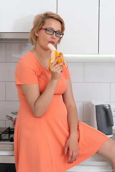 Curvy Hairy Woman Strips and Fingers in the Kitchen – photo 2 of 20