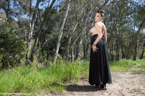 Chanel Preston: Busty Brunette MILF Bound in Costume Dress Bares All in the Forest – photo 9 of 20
