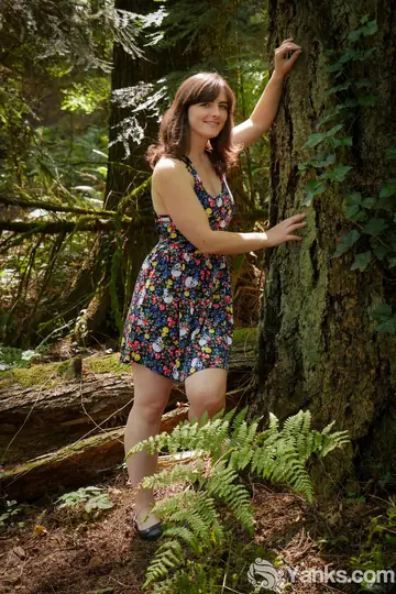 Hairy Busty Brunette Lifts Her Skirt and Shows Panties in the Forest