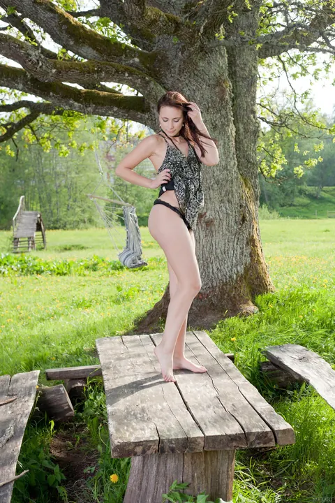 Karina N: Curvy Asian Brunette Poses Nude on a Swing Outdoors – photo 14 of 21