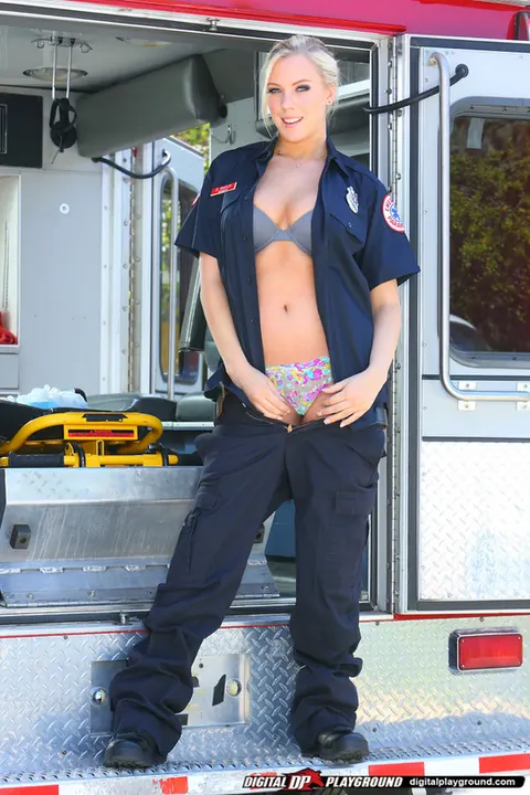 Bibi Jones: Blonde Nurse with Big Tits Strips Naked in Boots Outdoors – photo 5 of 16