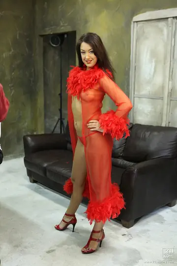 Elaine Meadors – Tall European Brunette Strips Out of Her Red Dress for a Threesome
