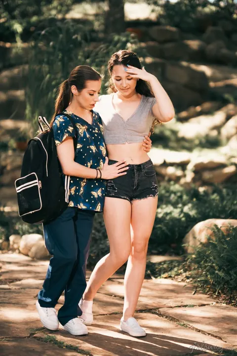 Spencer Bradley: Two Brunette Nurses in Shorts Share a Lesbian Kiss Outdoors – photo 7 of 15