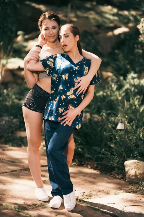 Spencer Bradley: Two Brunette Nurses in Shorts Share a Lesbian Kiss Outdoors – photo 6 of 15