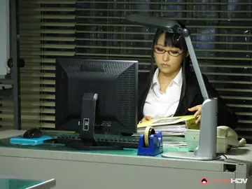 Busty Asian Secretary in Glasses Sucks Cock in the Office Threesome