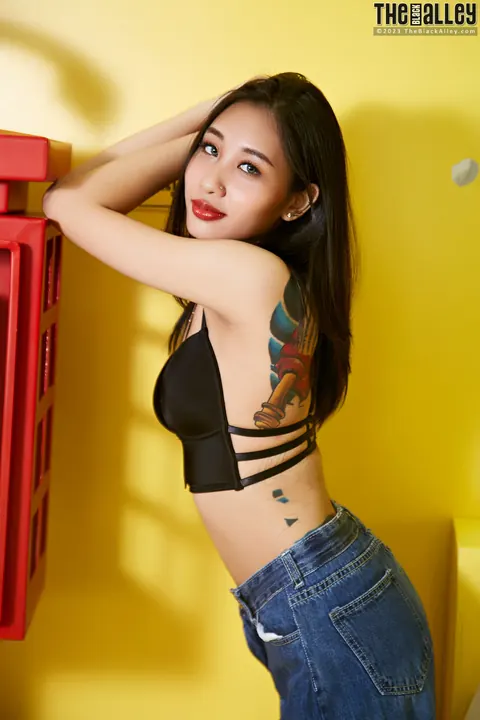 Asian Brunette in Jeans Spreads Her Shaved Pierced Pussy – photo 1 of 16