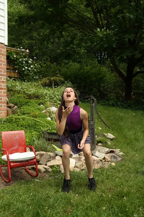 Freya Von Doom: Petite Tattooed Brunette Spreads in Her Skirt Outdoors – photo 2 of 20