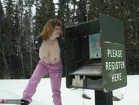 Misha Milf: Mature Redhead BBW Poses Nude Outdoors in the Snow Wearing Glasses – photo 2 of 20