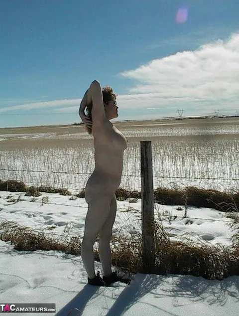 Misha Milf: Mature Redhead BBW Poses Nude Outdoors in the Snow Wearing Glasses – photo 7 of 20