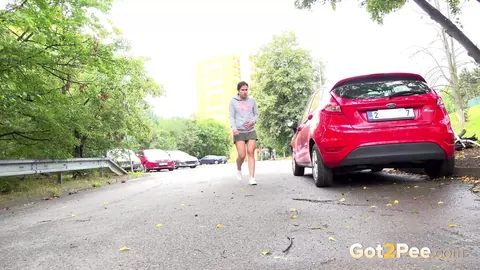 Lara Fox: Thick European Brunette Squats Behind a Car and Spreads Her Legs – photo 2 of 15