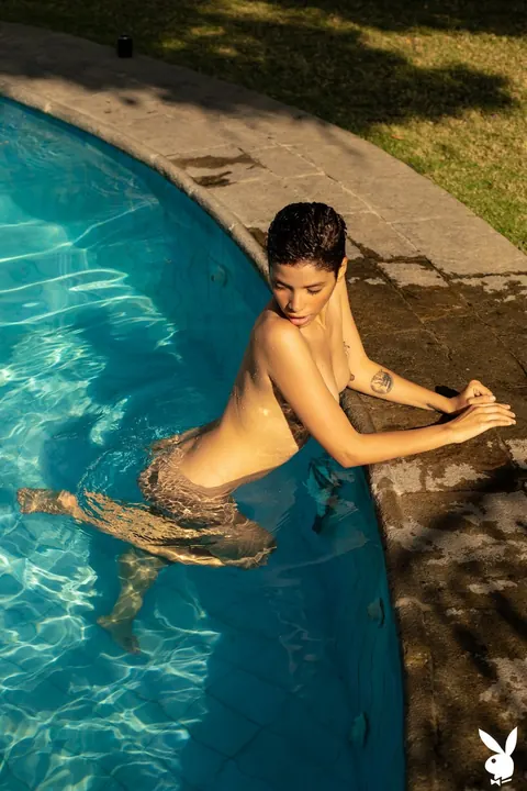 Alejandra La Torre: Tattooed Brunette Latina with Enhanced Tits Poses Nude by the Pool – photo 5 of 21