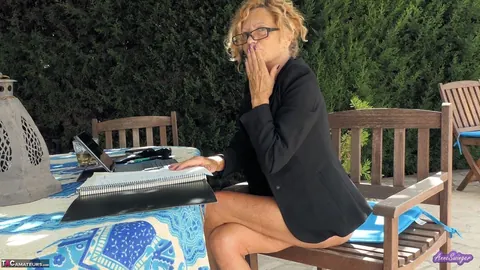 Anne Swinger: Mature Blonde in a Skirt Masturbates with a Dildo Outdoors – photo 12 of 16