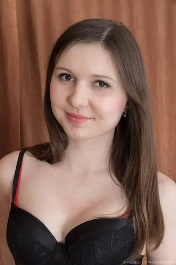 Slava Sanina – Brunette Strips Off Her Lingerie and Stockings to Show Her Hairy Bush