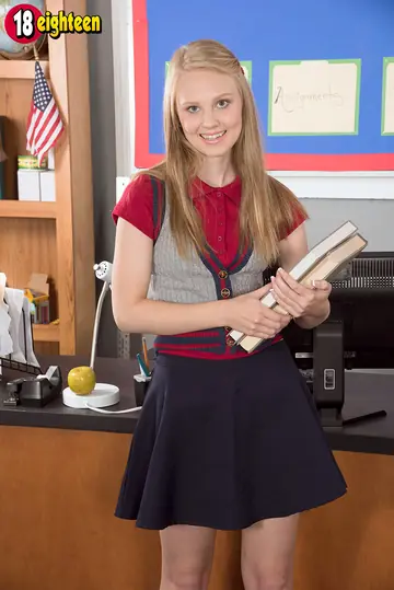 Blonde in a Skirt and Socks Gives a Handjob and Gets Fingered