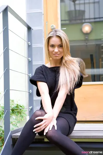Veronika Fasterova – Skinny Blonde in a Dress and Pantyhose Lifts Her Skirt and Spreads
