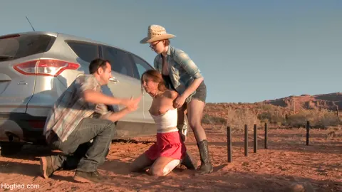 Amber Rayne: Petite Brunette MILF in a Skirt Takes a BDSM Threesome in the Desert – photo 6 of 20