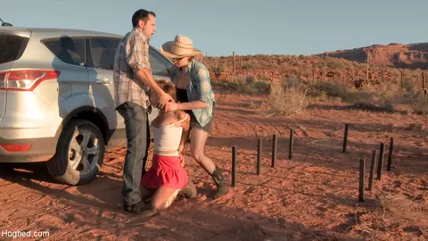 Amber Rayne: Petite Brunette MILF in a Skirt Takes a BDSM Threesome in the Desert – photo 5 of 20