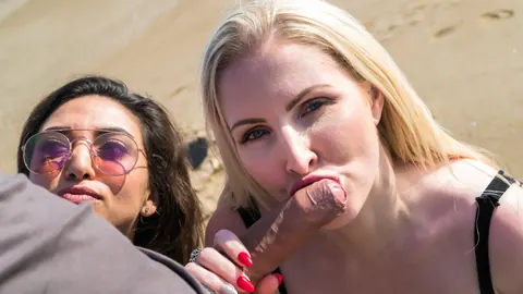 Frida Sante & Georgie Lyall: Spanish MILF Joins a Threesome on the Beach – photo 3 of 10
