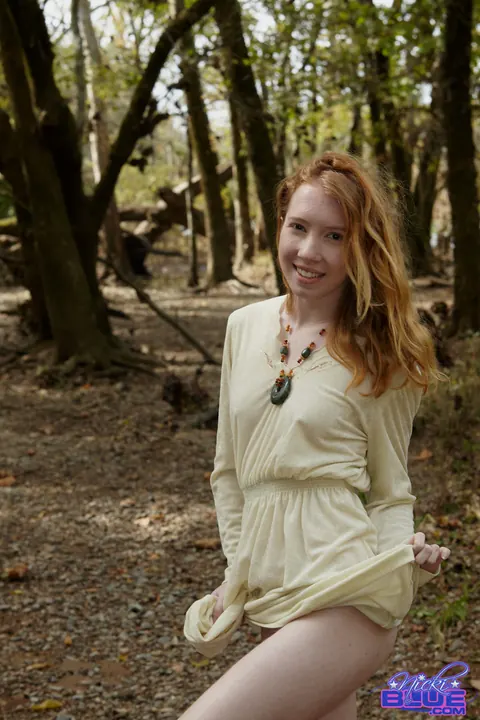 Nicki Blue: Busty Pale Redhead Wades into a Stream in a Skirt – photo 2 of 15
