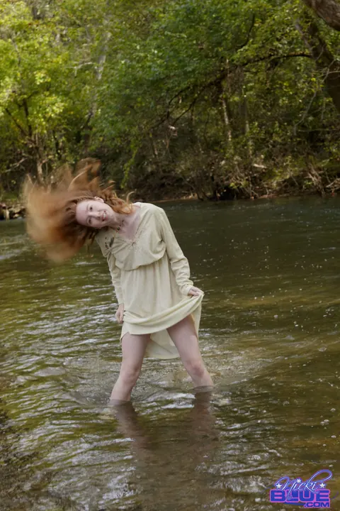 Nicki Blue: Busty Pale Redhead Wades into a Stream in a Skirt – photo 10 of 15