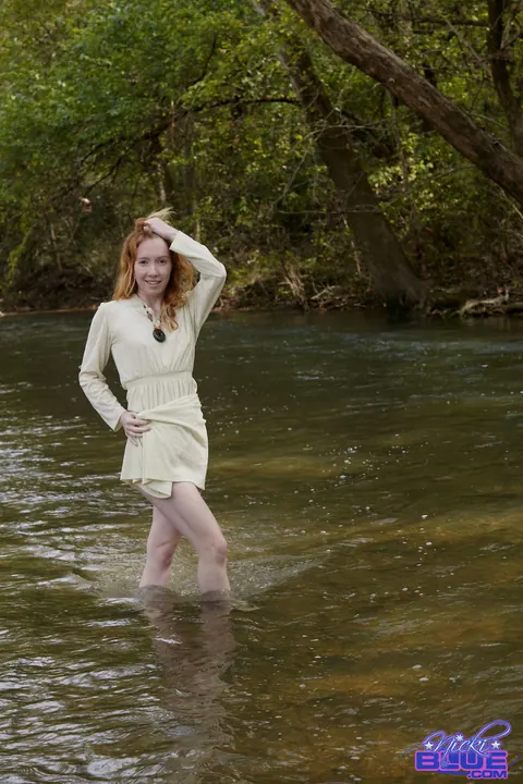 Nicki Blue: Busty Pale Redhead Wades into a Stream in a Skirt – photo 15 of 15