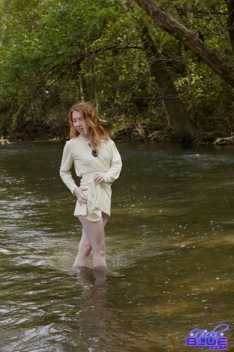 Nicki Blue: Busty Pale Redhead Wades into a Stream in a Skirt – photo 8 of 15