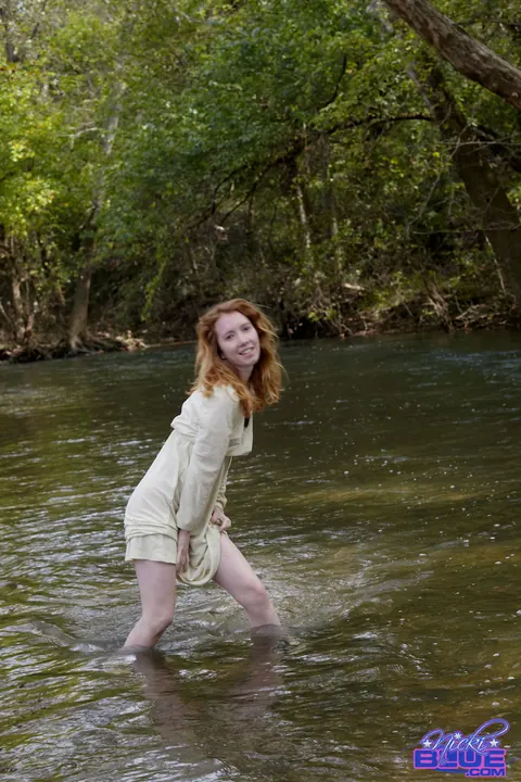 Nicki Blue: Busty Pale Redhead Wades into a Stream in a Skirt – photo 9 of 15