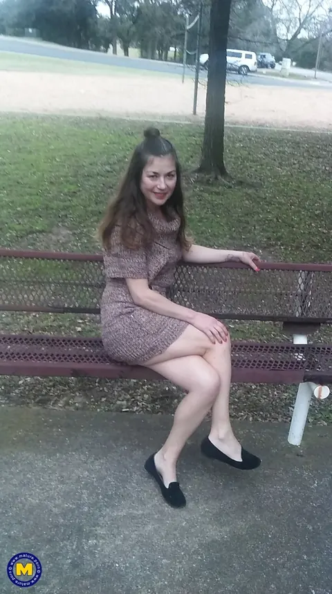 Olivia Johnson: European Brunette MILF Spreads Her Hairy Pussy Outdoors – photo 4 of 11