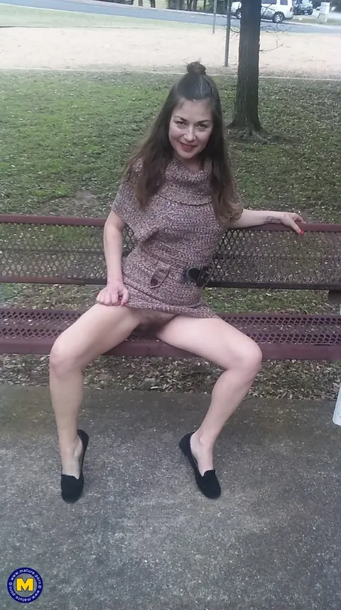 Olivia Johnson: European Brunette MILF Spreads Her Hairy Pussy Outdoors – photo 7 of 11