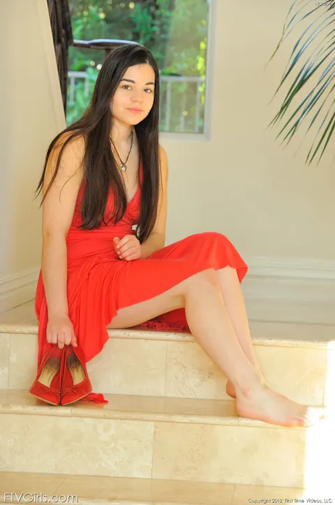 Nadine Sage: Thick Latina in a Red Dress Pulls It Up and Spreads Her Shaved Pussy – photo 2 of 15
