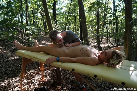 Two Men Fuck Bareback on Massage Table Outdoors – photo 3 of 21