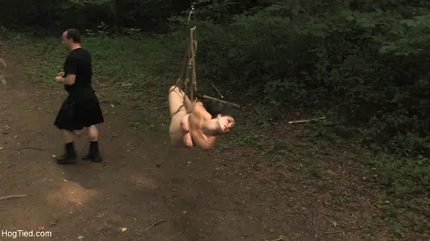 Busty Brunette in Rope Bondage Spreads Her Legs Outdoors – photo 11 of 21