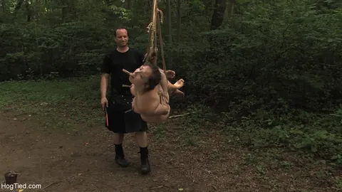 Busty Brunette in Rope Bondage Spreads Her Legs Outdoors – photo 15 of 21
