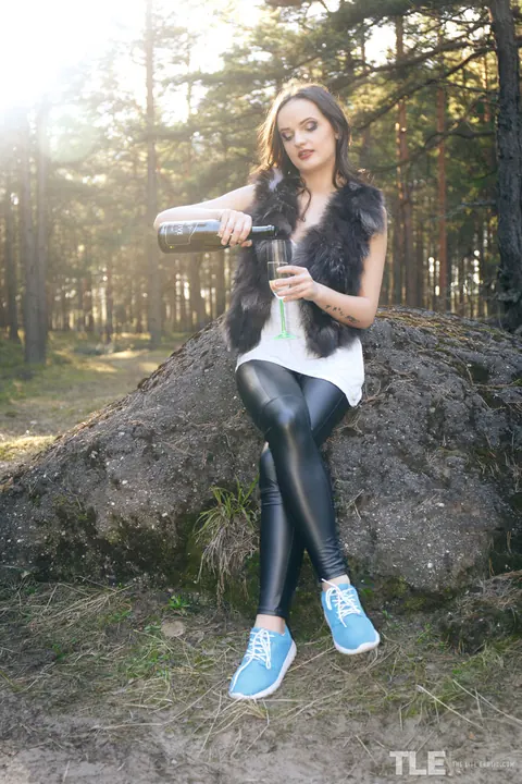 Maria Z: Brunette in Leather Yoga Pants Uses a Wine Bottle Deep in Her Pussy – photo 1 of 16