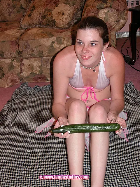 Brunette Masturbates with a Cucumber and a Banana – photo 2 of 21