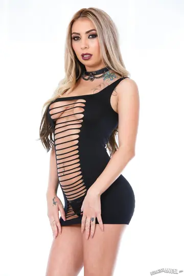 Tattooed Blonde Latina Strips Out of Her Dress and Spreads Her Pussy