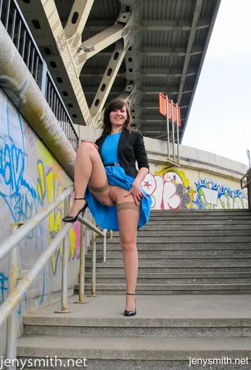 Jeny Smith – Brunette in Stockings and Skirt Flashes Her Shaved Pussy Outdoors
