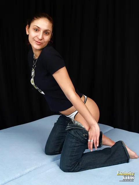 Kitty Saliery: Latina Brunette in Panties Pulls Them Aside and Fingers Her Pussy – photo 2 of 16