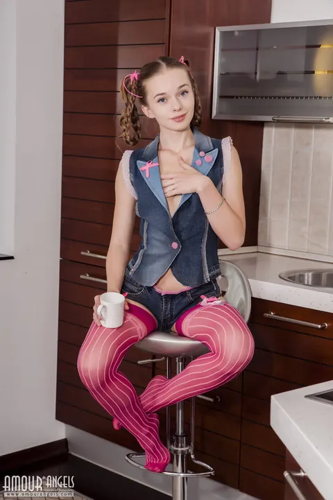 Milena D: Blonde in Stockings Plays with a Dildo in the Kitchen – photo 3 of 20