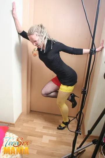 European Blonde in Stockings Rides Him Cowgirl Style