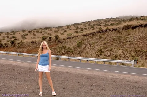 Alison Angel: Tall Blonde Babe Flashes Her Big Tits by the Car – photo 11 of 20