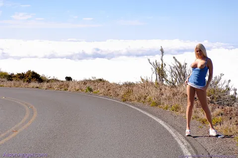 Alison Angel: Tall Blonde Babe Flashes Her Big Tits by the Car – photo 20 of 20