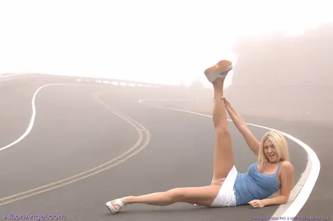 Alison Angel: Tall Blonde Babe Flashes Her Big Tits by the Car – photo 15 of 20