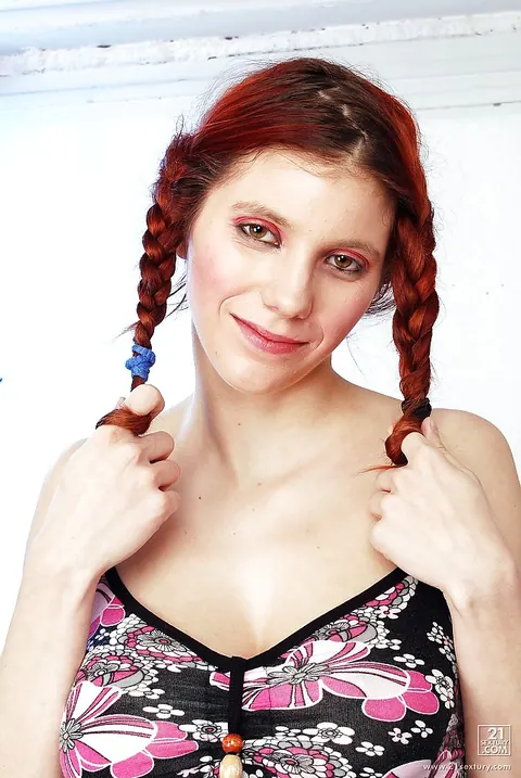 Busty European Redhead in Pigtails Pushes Shorts Aside – photo 2 of 16