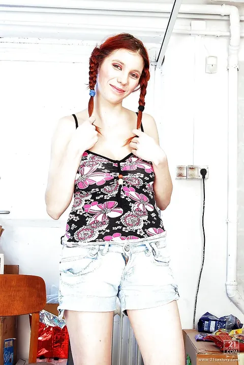 Busty European Redhead in Pigtails Pushes Shorts Aside – photo 1 of 16