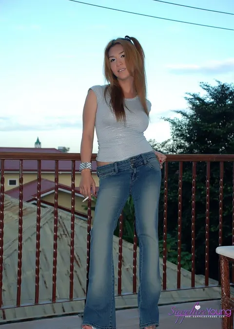 Redhead Trans Woman Strips Out of Her Jeans and Panties – photo 2 of 15