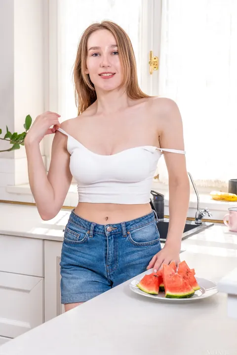 Mia Li: Thick Asian Brunette Strips Out of Her Shorts in the Kitchen – photo 2 of 21