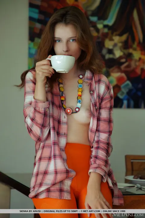 Redhead Peels Off Her Orange Pantyhose and Spreads Her Pussy – photo 3 of 18
