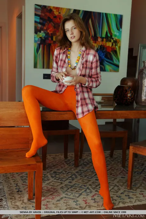 Redhead Peels Off Her Orange Pantyhose and Spreads Her Pussy – photo 6 of 18